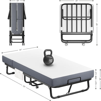 Folding Bed with 5 Adjustable Backrest Rollaway Guest Beds with Wheels 75"X31" Twin Size Space-Saving Cot-Size Bed Easy Assembly2