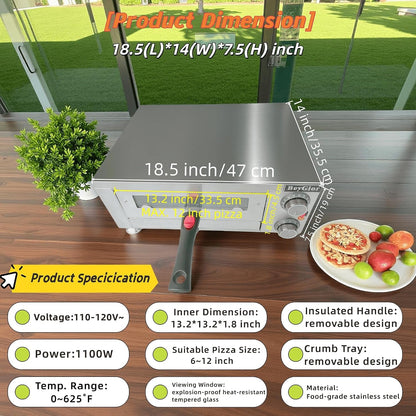 Electric Pizza Oven Indoor,12 Inch Countertop Pizza Maker with Viewing Window,Stainless Steel Commercial Pizza Oven, Removable Handle,Dual Baking Trays and Oven Mitts9