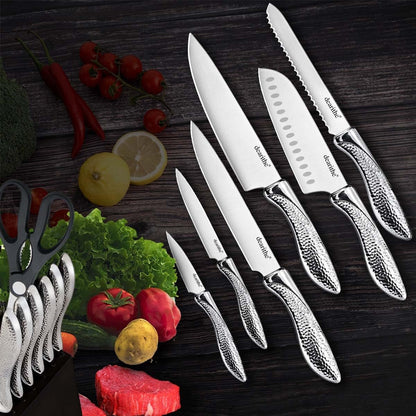 14 Piece Knife Block Set with Built-In Sharpener,Scissors | High Carbon Stainless Stee Kitchen Knife Set, Hammered Pattern Hollowed Handle Design5