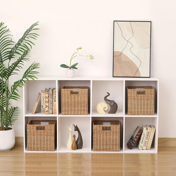 10.5 X 10.5 in Plastic Wicker Baskets for Cube Storage, Collapsible Square Wicker Storage Basket Set of 3, Rattan Storage Cube, Square Baskets for Shelves - Khaki2