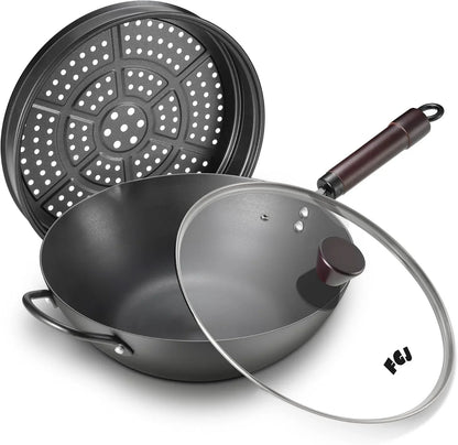 Wok, 13.5 Inch Carbon Steel Wok Pan with Steamer & Stir-Fry Pans Nonstick, 5QT Flat Bottom Chinese Woks1