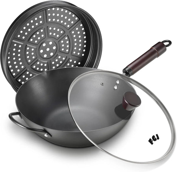 Wok, 13.5 Inch Carbon Steel Wok Pan with Steamer & Stir-Fry Pans Nonstick, 5QT Flat Bottom Chinese Woks1