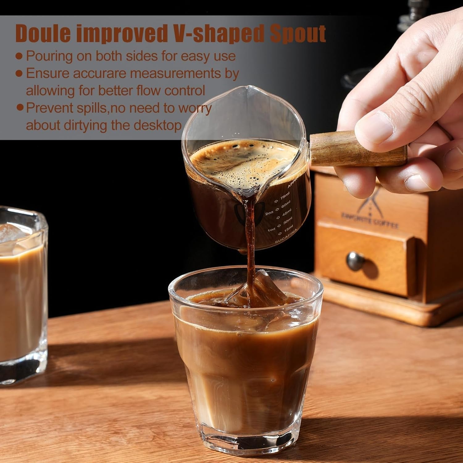 2-pack-espresso-cups-with-wood-handle-75ml-double-spout-glass-measuring-cup-with-dual-scale-espresso-shot-with-v-shaped-mouth-clear-glass-espresso-accessories-milk-frothing-pitcher
