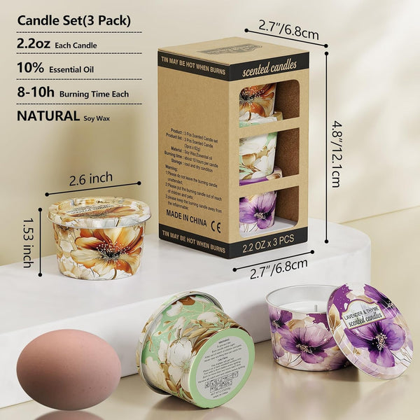 3 Pack Scented Candles-Lavender & Thyme, Vanilla Cake, Jasmine & Musk & Sandalwood, Travel Tin Candle Set, 2.2Oz Each, 8-10H Burn Time, Soy Wax, Cotton Wick3