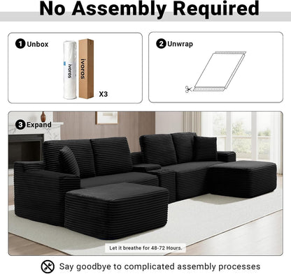 150 Inch Modular Sectional Sofa Couch, Oversized Modern Cloud Couch for Living Room, U Shape Couches with 2 Ottomans, USB Ports and Cup Holders, Black Corduroy Boneless Sofas, Sofa in a Box8