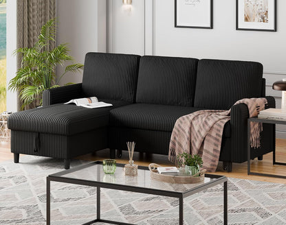 77 Inch Sectional Sleeper Sofa with Pull Out Bed, Modern L-Shaped Corduroy Convertible Couch with Storage Chaise, Reversible Sofa Bed for Small Spaces, Apartment, Black3