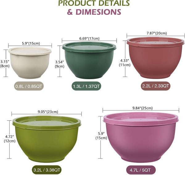 Plastic Mixing Bowls with Lids Set for Kitchen, 5 Set Nesting Bowls for Mixing, Baking, Prepping, Cooking and Serving Food, Mixing Bowls Dishwasher, Microwave Safe2