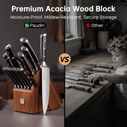 Knife Block Set, 15 Pieces Knife Set with Block, High Carbon Stainless Steel Kitchen Knife Set with Sharpener, Knives Set for Kitchen with Full Tang Triple Rivet Handle7