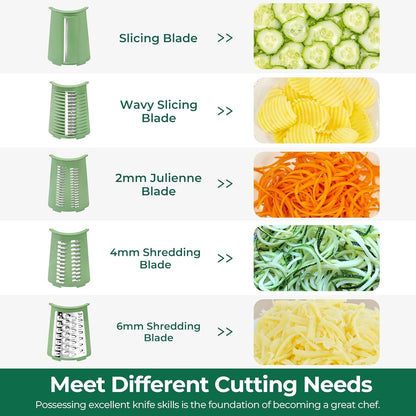 Rotary Cheese Grater 5 Blades,Kitchen Mandoline Vegetable Slicer | Easy to Clean,Strong Suction Base,Blades Storage Box,Round Mandoline Slicer&Food Chopper for Vegetable,Salad,Nut,Retro Green3