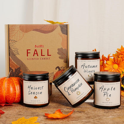 Fall Candle Set | 4 Pack Scented Candles for Home - Candle Gifts for Women Men, Soy Candles Home Scented | Autumn Fragrance of - Apple Pie/Cinnamon/Harvest/Wreath6