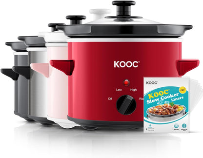 Small Slow Cooker, 2 Quart, Free Liners Included for Easy Clean-Up, Upgraded Ceramic Pot, Adjustable Temp, Nutrient Loss Reduction, Stainless Steel, Red, Round1