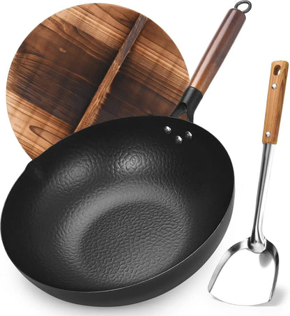 Hand Hammered Carbon Steel Wok, Wooden Lid Asian Spatula with Handle - Stir Fry Pan for Chinese, Japanese, and Cantonese Cuisine – Flat Bottom Wok Cooking by Cookeries / 2 Accessories2