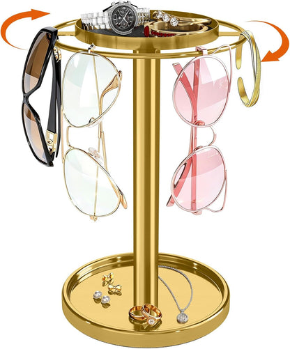 360° Rotating Sunglasses Organizer, Glasses Holder with Organizer Tray | Stainless Steel Eyeglasses Holder with Storage Base for Dresser, Desk Table, Nightstand & Home Decor, Gold1