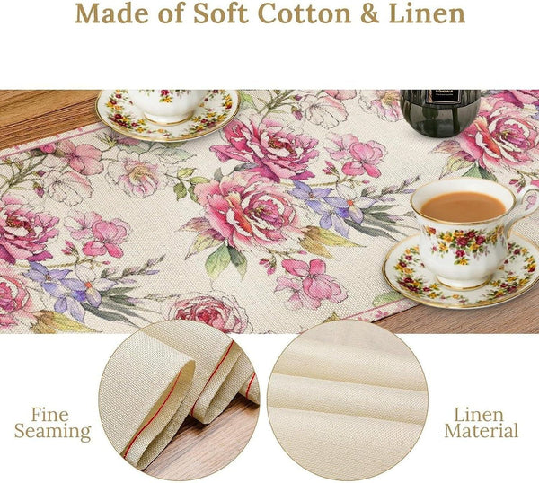Pink Flower Linen Table Runner,Seasonal Spring Tabletop Collection Table Runner for Kitchen Dining, Banquet, Restaurant, Outdoor Use,Home Party 13X36In4
