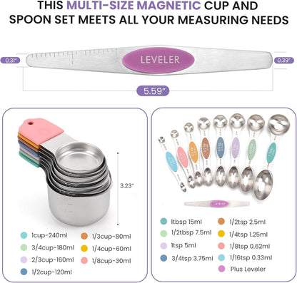 Magnetic Measuring Cups and Spoons Set-Heavy Duty 304 Stainless Steel | Double Measurement Markings,Bpa-Free,Set of 16 with Leveler for Measuring Dry and Liquid Ingredients(Colors)6