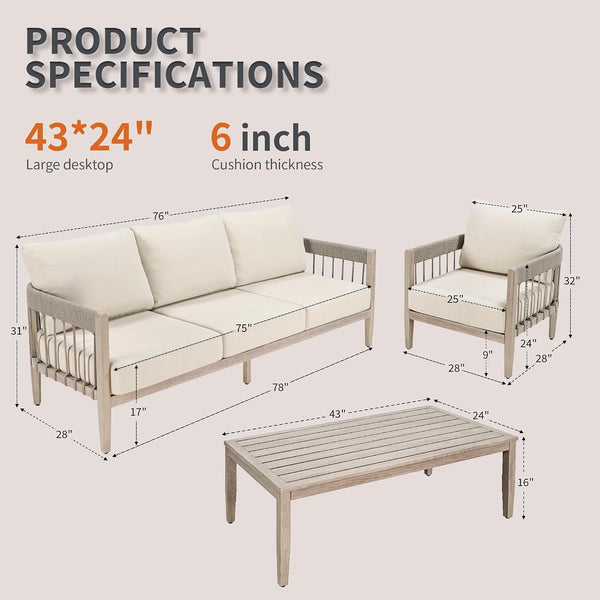 4-Piece Patio Furniture Set, Never-Rust Aluminum Sectional Sofa with Faux Wood Grain Frame, Rope Weave Outdoor Conversation Set with Coffee Table, Patio Sofa Set for Backyard, Poolside, Deck6