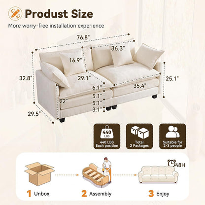 77" Cloud Chenille Loveseat Sofa Couch with Pillows, 2‑Seater, Beige2
