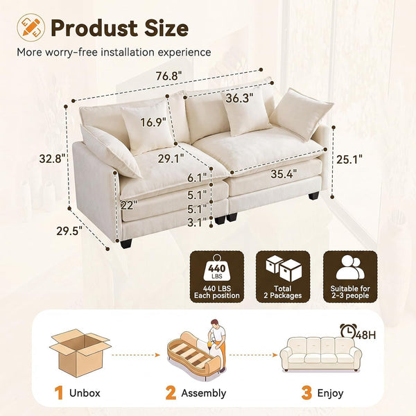 77" Cloud Chenille Loveseat Sofa Couch with Pillows, 2‑Seater, Beige2