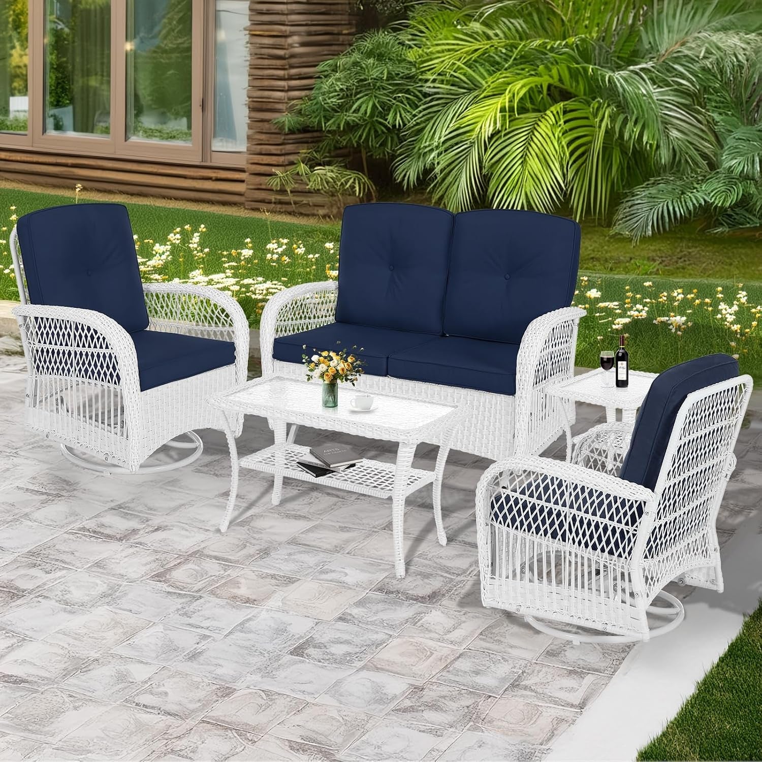 5-pieces-outdoor-patio-rattan-furniture-sets-all-weather-patio-wicker-conversation-set-2-rocking-swivel-chairs-1-rattan-loveseat-glider-with-cushions-2-coffee-table-white-wicker-navy
