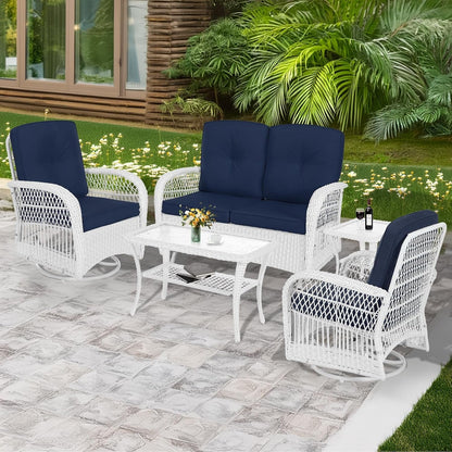5 Pieces Outdoor Patio Rattan Furniture Sets, All Weather Patio Wicker Conversation Set - 2 Rocking Swivel Chairs 1 Rattan Loveseat Glider with Cushions, 2 Coffee Table, White Wicker/Navy1