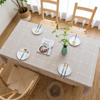 Cotton Linen Tablecloth, Tassel Stitching Table Cloth, Wrinkle Free Farmhouse Table Cover for Kitchen Dining, Party, Holiday (Square, 55''X55'', 4 Seats, Plaid Beige)2