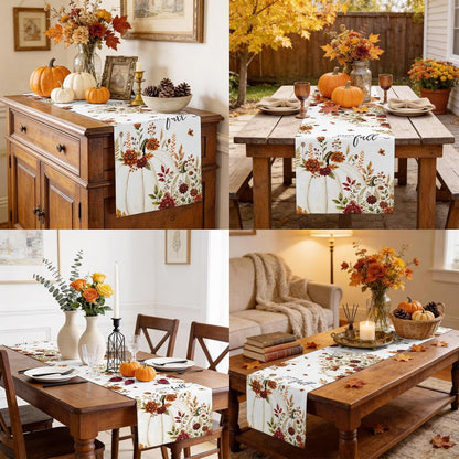 White Pumpkins Fall Table Runner 72 Inches Long, Thanksgiving Kitchen Dining Table Decoration, Autumn Floral Botanical Coffee Tablerunner Dress Scarves Farmhouse Décor for Party, Holiday, 13 X 724