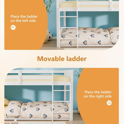 Solid Wood Low Twin over Twin Bunk Bed for Kids/Junior, Bunk Bed Frame with Guardrails & Ladder for Boys Girls, No Box Spring Needed (White)8