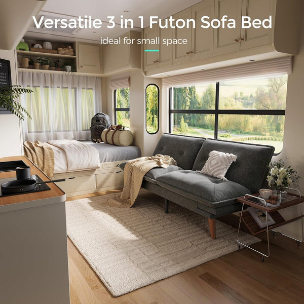 Futon Sofa Bed, 70" Chenille Futon Couch with Adjustable Backrest Armrest, 3 in 1 Convertible Comfy Loveseat Sleeper Sofa Bed for Small Spaces Dorm Room Apartment Home Office(Dark Grey)8