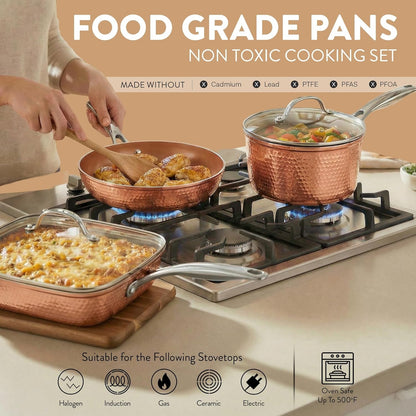 Hammered 20Pc Pots and Pans Set Non Stick Ceramic Cookware Set | Deep Frying Pan & Bakeware Set Included, Non Toxic PFOA/PFOS/PTFE Free, Induction Compatible, Oven & Dishwasher Safe6