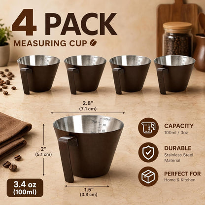 4 Pack Stainless Steel Espresso Measuring Cup, 3.4OZ/100ML Double Spout Espresso Shot Cups with Handle and Dual Scale, Small Coffee Pouring Cup, Coffee Accessories Sauce Cup, Dishwasher Safe2