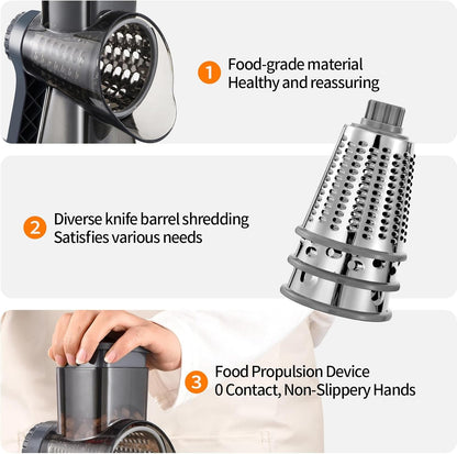 Rotary Cheese Grater Manual Hand Crank 3-In-1 Vegetable Shredde | Finger-Safe Design, Stainless Steel Drums, Suction Base. Perfect for Cheese, Vegetables, Nuts & Chocolate. Easy to Clean8