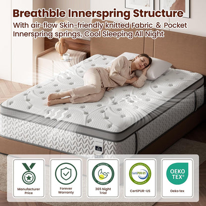 Sleep Firm Queen Mattress 12 Inches - Cooling Hybrid Single Mattresses with Extra Lumbar & Shoulder Support, Hotel Collection for Pain Relief - Fiberglass Free - 365 Night Trial2
