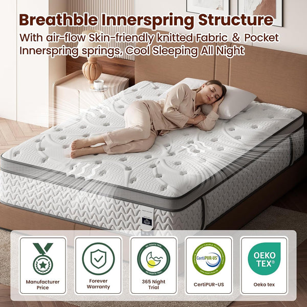 Sleep Firm Queen Mattress 12 Inches - Cooling Hybrid Single Mattresses with Extra Lumbar & Shoulder Support, Hotel Collection for Pain Relief - Fiberglass Free - 365 Night Trial2
