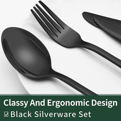24-Piece Black Silverware Set with Steak Knives, Black Flatware Set for 4, Food-Grade Stainless Steel Tableware Cutlery Set, Mirror Finished Utensil Sets for Home Restaurant, round Edge3