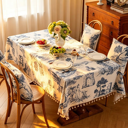 Retro Blue White Toile De Jouy Printed Rectangular Tablecloth, Premium Cotton Linen Table Cover with Complete Edge Tassels for French Country Kitchen Decor 60X86 Inches4