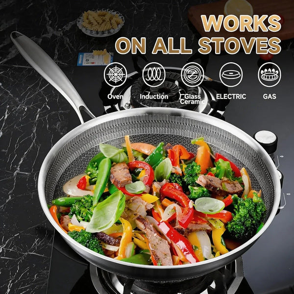12 Inch Hybrid Nonstick Wok with Lid | Ceramic Coating | Honeycomb Stainless Steel Wok Pan | Oven & Dishwasher Safe | Flat Bottom Wok for Electric & Induction Cooktop | Long Handle5