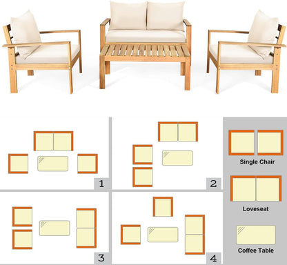 Outdoor 4-Piece Acacia Wood Chat Set, 4 Seater Acacia Wood Conversation Sofa and Table Set with Water Resistant Cushions, Teak Finished (1, White)9