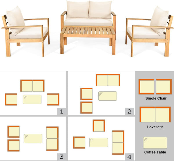 Outdoor 4-Piece Acacia Wood Chat Set, 4 Seater Acacia Wood Conversation Sofa and Table Set with Water Resistant Cushions, Teak Finished (1, White)9