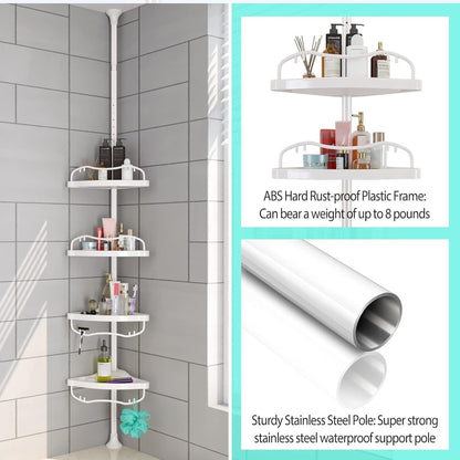 Shower Caddy Tension Pole with 4 ABS Baskets,Shower Storage Shelf with 56 to 125 Inch Adjustable Stainless Pole for Bathroom White4