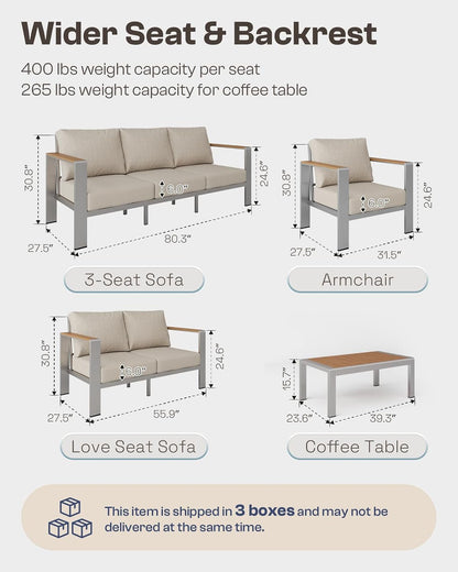 Aluminum Outdoor Patio Furniture Set with Coffee Table, 4 Piece Patio Conversation Sets with Washable Thick Cushions, Outdoor Sectional Furniture Set for Porch, Balcony, Deck, Silver8
