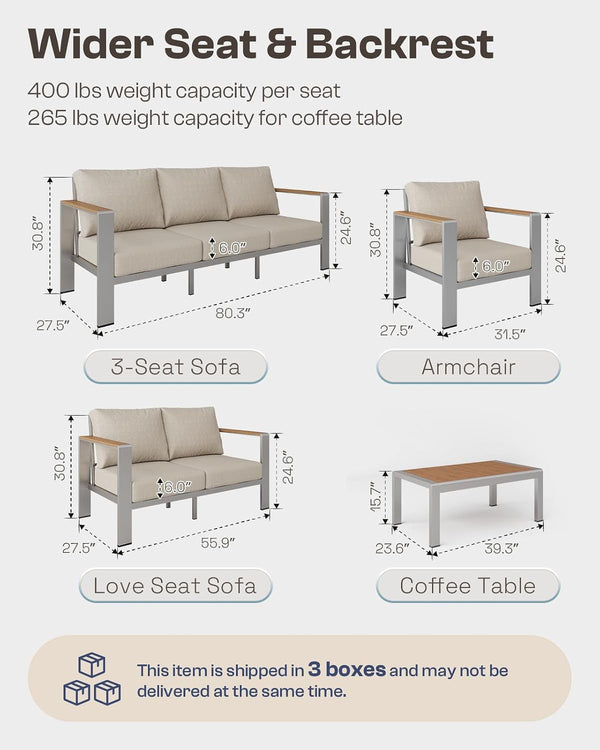Aluminum Outdoor Patio Furniture Set with Coffee Table, 4 Piece Patio Conversation Sets with Washable Thick Cushions, Outdoor Sectional Furniture Set for Porch, Balcony, Deck, Silver8