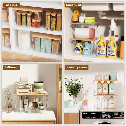 2 Set Pantry Organizers and Storage with Bamboo Lids, Stackable Clear Bins for Onion, Potato, Fruit, Vegetables, Trash Bag Dispenser, Kitchen and under Sink Organizer6