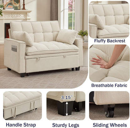 Sleeper Sofa with Pull Out Couch Bed, 48" Convertible Pull-Out Sofa Bed Chair, 3-In-1 Futon Couch with Reclining Backrest and Side Pockets for Living Room Bedroom Apartment, Beige7