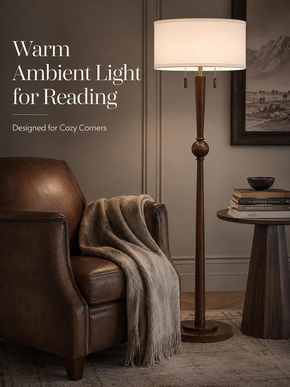 solid-wood-floor-lamp-for-living-room-pull-chains-standing-lamp-62-8-tall-17-white-drum-shade-sculptural-wood-base-stem-2-light-design-standing-lamp-for-bedroom-2-bulbs-included