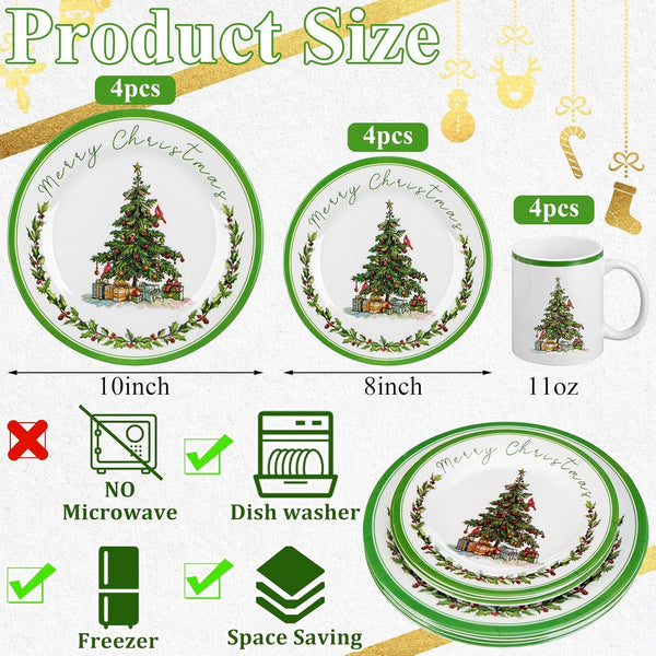 12 Pcs Christmas Tree Dinnerware Service for 4 Melamine Plates Ceramic Mug2