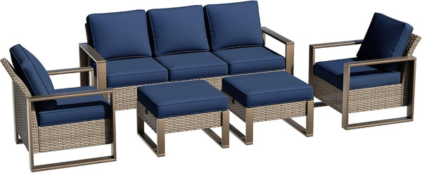 5 Pieces Metal Wicker Patio Furniture Set - 75" Sofa, Two Armchairs and Two Ottomans, All Weather Rattan Outdoor Conversation Furniture with Washable Cushion for Deck Porch, Dark Blue1