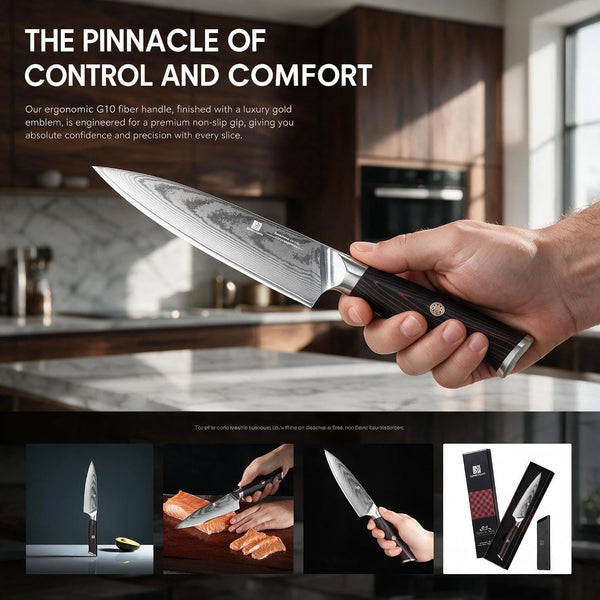 5.5-Inch Damascus Utility Knife, 67-Layer High Carbon Stainless Steel Kitchen Knife with Ergonomic Red Black G10 Handle, Protective Sheath & Gift Box for Paring, Slicing and Everyday Cooking7