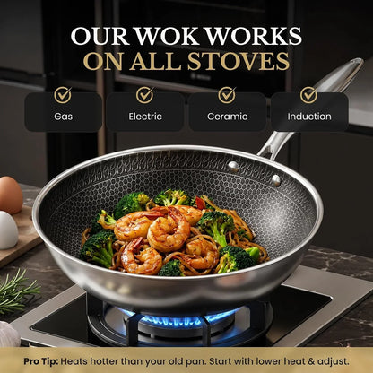 ® 11" Honeycomb Stainless Steel Wok with Lid, Nonstick, Induction Safe | Heavy-Duty Stir Fry Pan, Induction Compatible & Even Heat Distribution, Pfoa-Free Non Toxic Cookware, Oven & Dishwasher Safe5