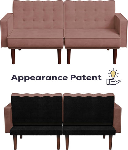 71" Velvet Futon Sofa Bed, Versatile Loveseat Couch, Sleeper Sofa with Adjustable Backrest, Mid Century Modern Futon Couch for Small Space, Living Room, Office & Apartment, Velvet Fabric Pink8