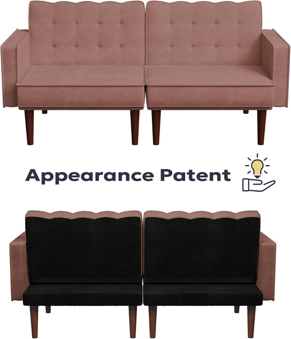 71" Velvet Futon Sofa Bed, Versatile Loveseat Couch, Sleeper Sofa with Adjustable Backrest, Mid Century Modern Futon Couch for Small Space, Living Room, Office & Apartment, Velvet Fabric Pink8